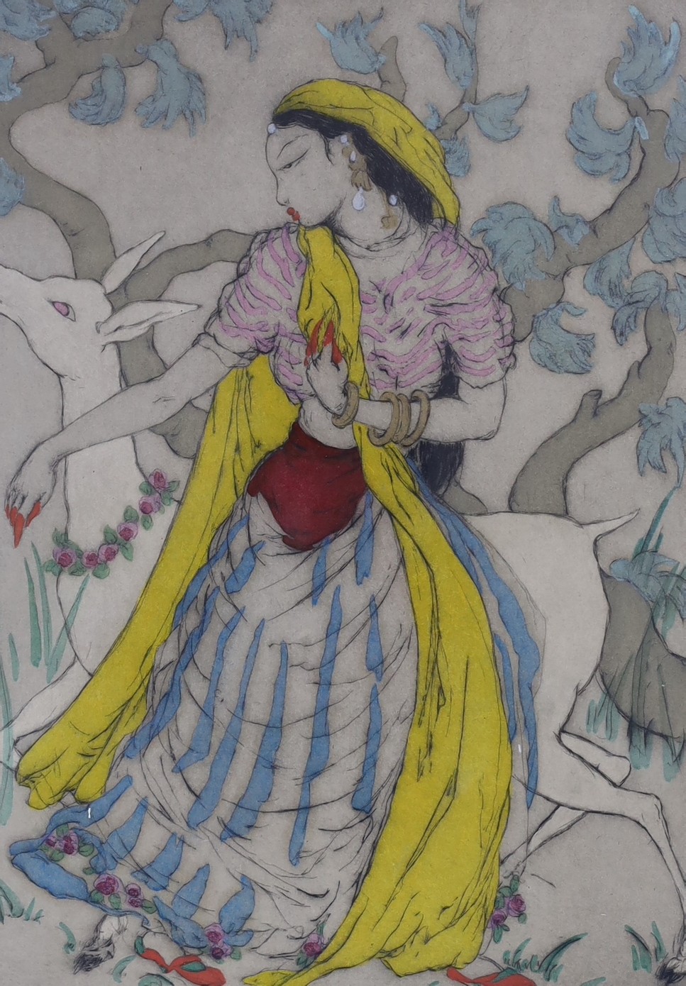 Elyse Ashe Lord, (1900-1971), drypoint etching, Indian woman with white deer, signed in pencil, 17/75, 32 x 22.5cm